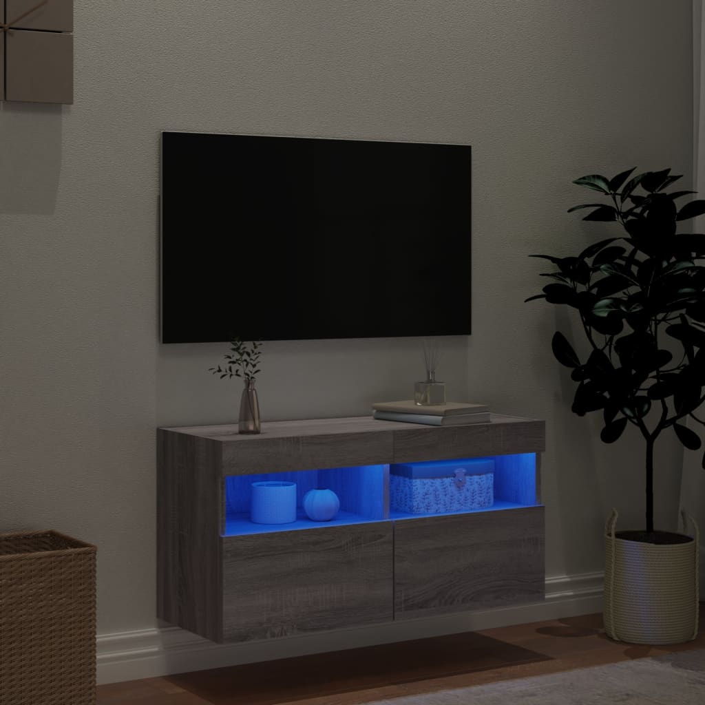 Mobile TV a Parete con Luci LED Grigio Sonoma 80x30x40 cm