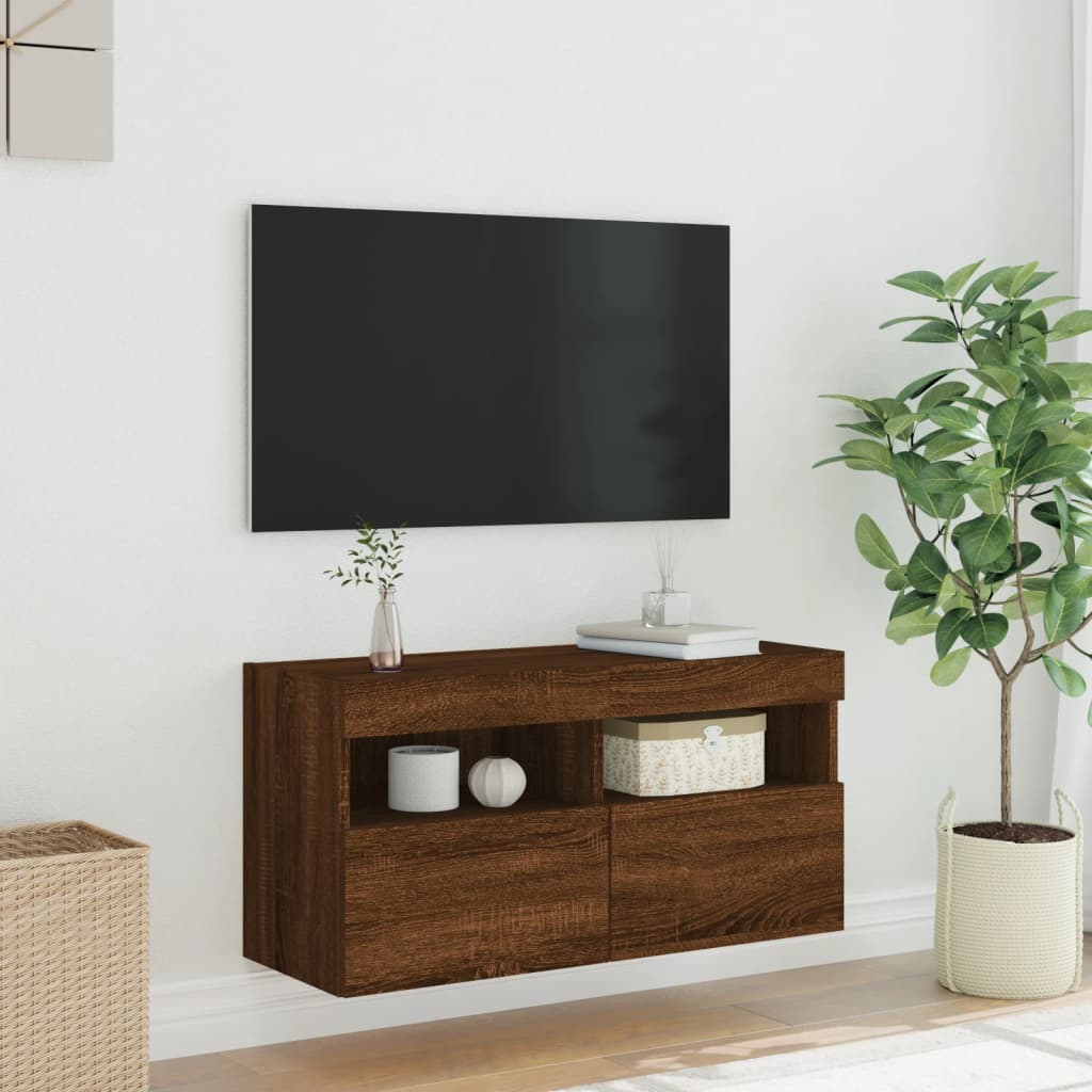 Mobile TV a Parete con Luci LED Rovere Marrone 80x30x40 cm