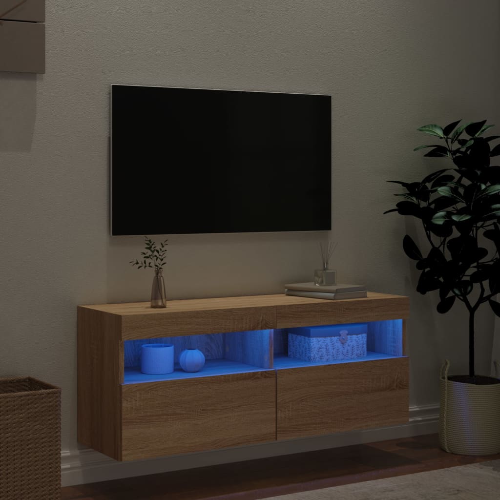 Mobile TV a Parete con Luci LED Rovere Sonoma 100x30x40 cm