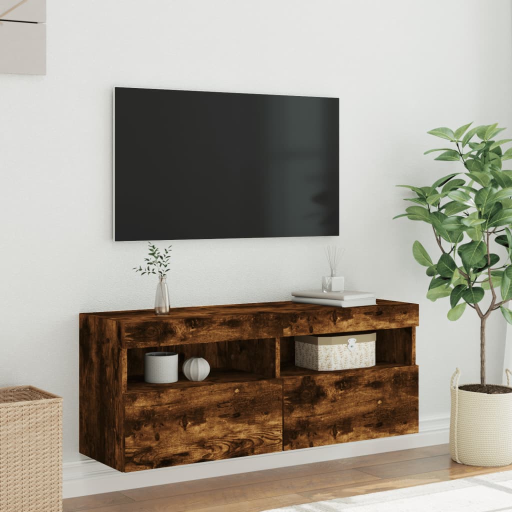 Mobile TV a Parete con Luci LED Rovere Fumo 100x30x40 cm