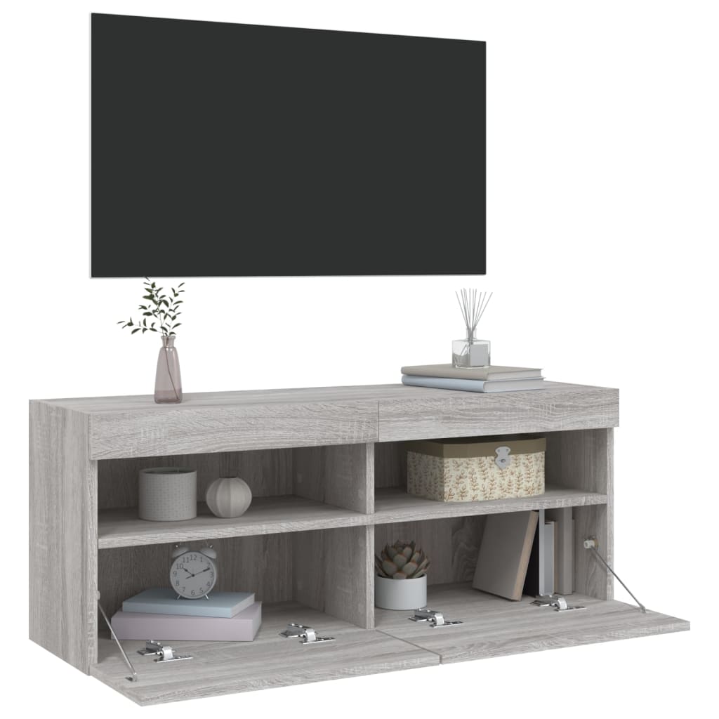 Mobile TV a Parete con Luci LED Grigio Sonoma 100x30x40 cm