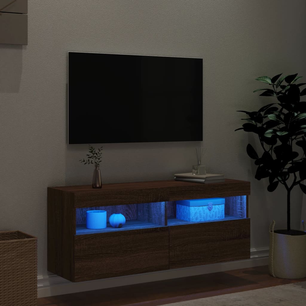 Mobile TV a Parete con Luci LED Rovere Marrone 100x30x40 cm