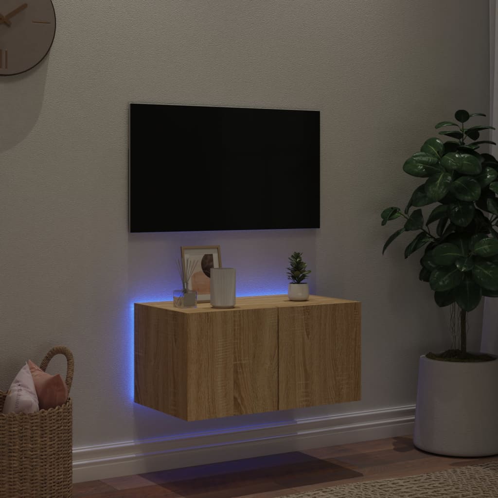 Mobile TV a Parete con Luci LED Rovere Sonoma 60x35x31 cm