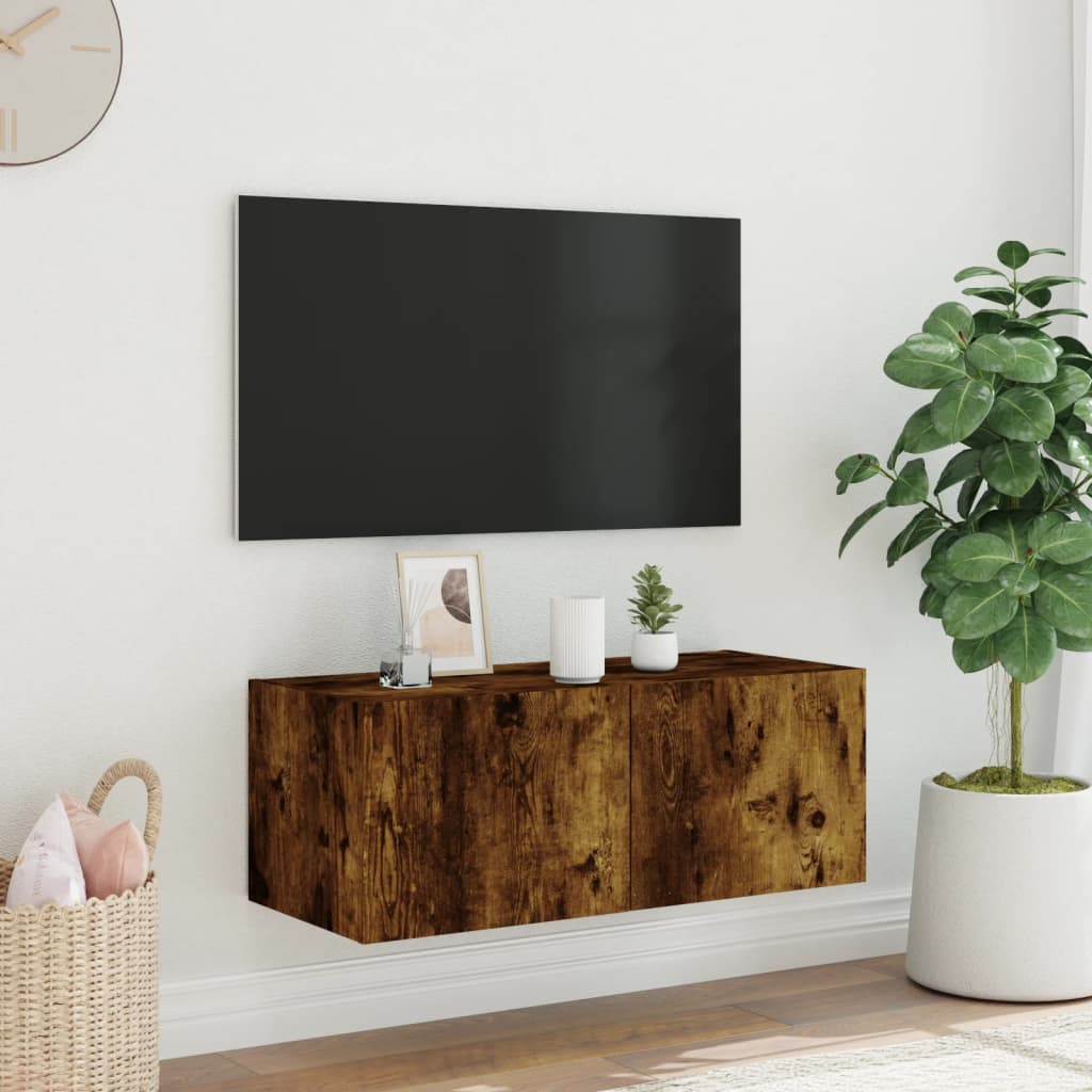 Mobile TV a Parete con Luci LED Rovere Fumo 80x35x31 cm