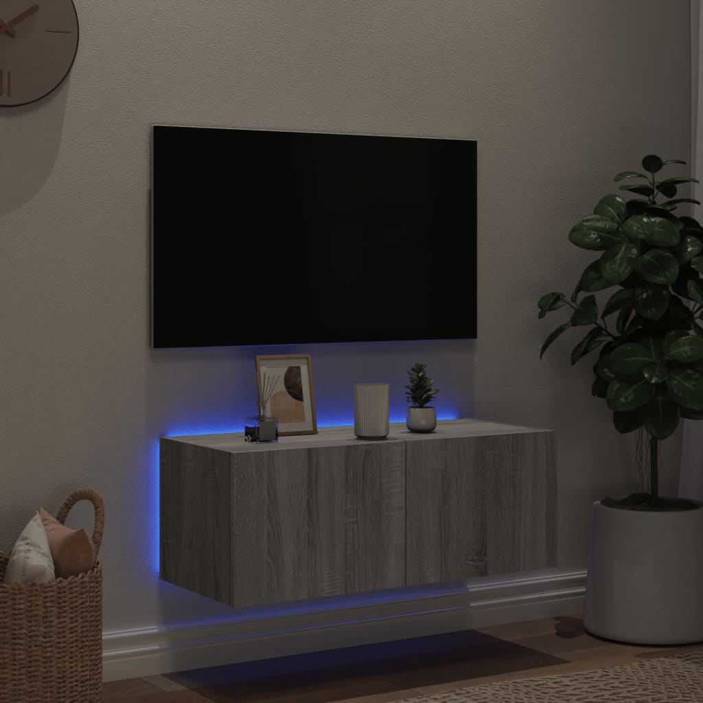 Mobile TV a Parete con Luci LED Grigio Sonoma 80x35x31 cm