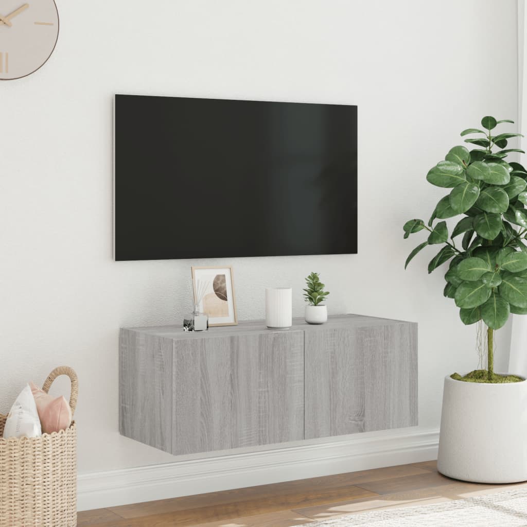 Mobile TV a Parete con Luci LED Grigio Sonoma 80x35x31 cm