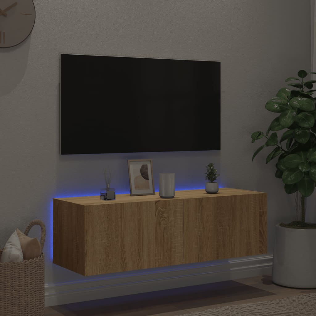 Mobile TV a Parete con Luci LED Rovere Sonoma 100x35x31 cm