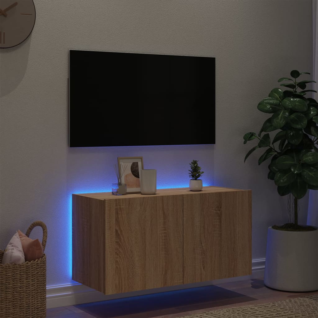 Mobile TV a Parete con Luci LED Rovere Sonoma 80x35x41 cm