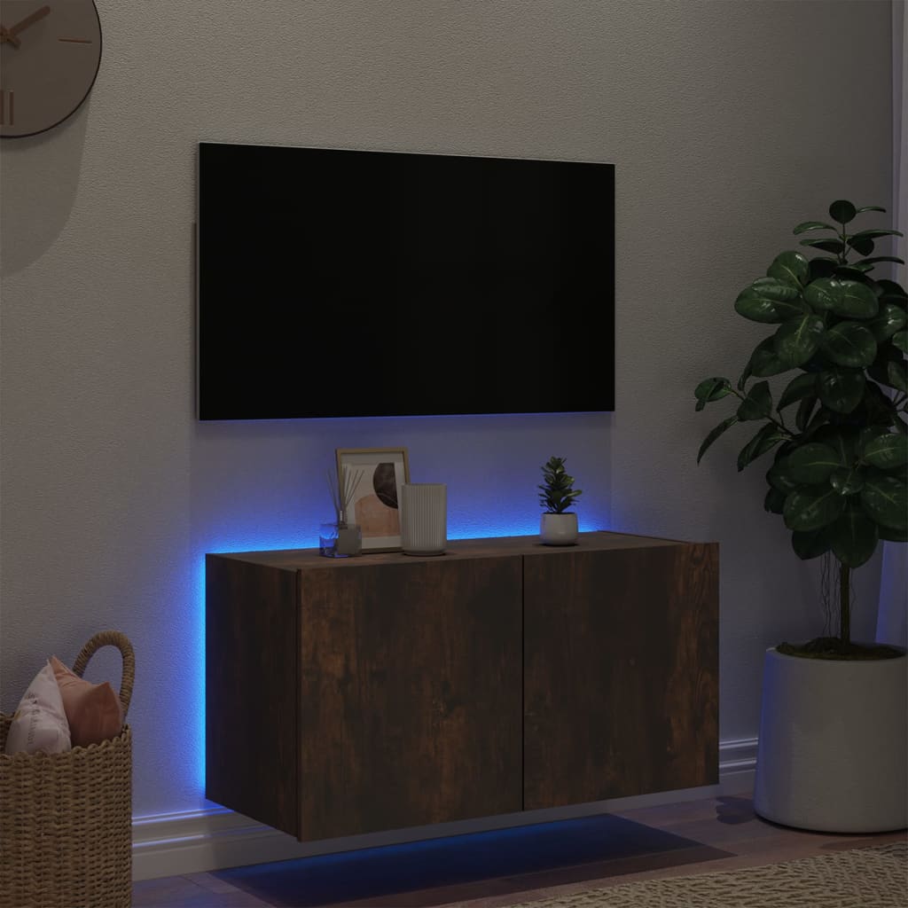 Mobile TV a Parete con Luci LED Rovere Fumo 80x35x41 cm