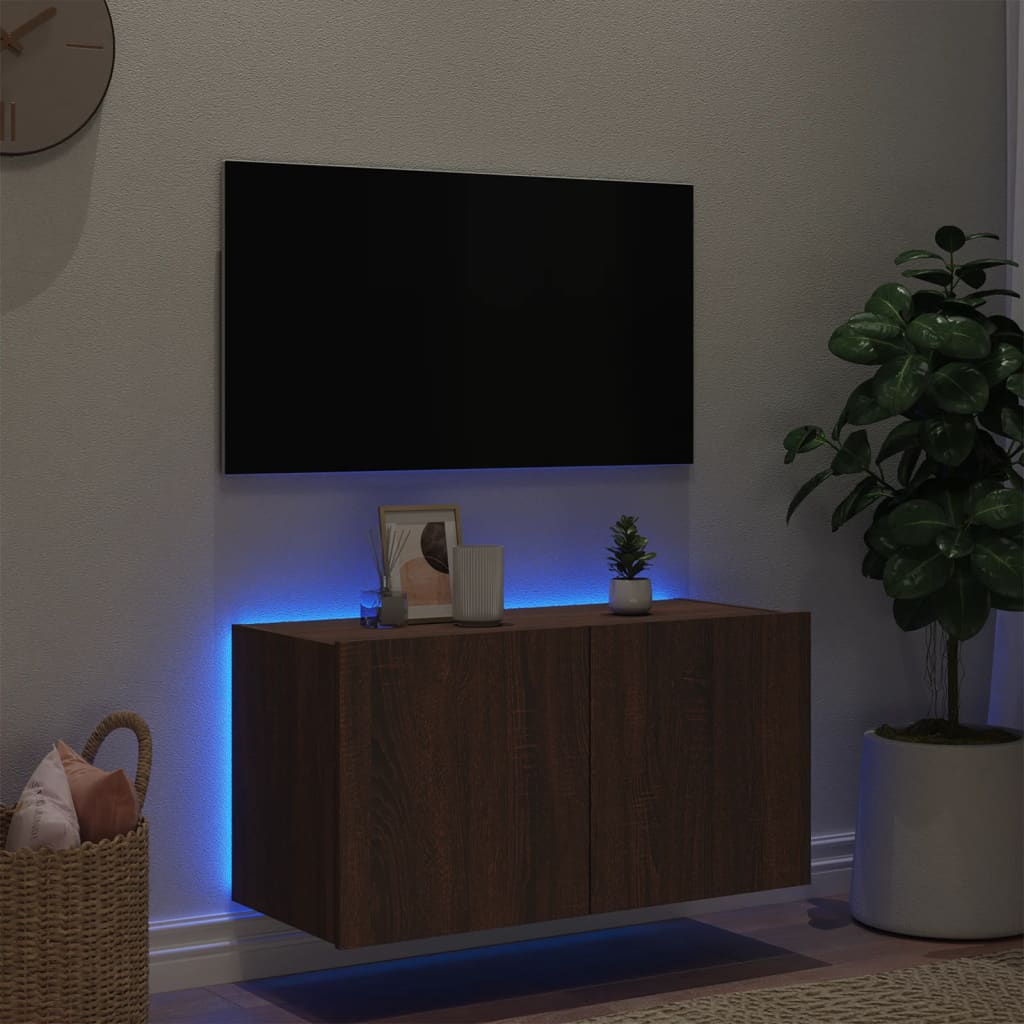 Mobile TV a Parete con Luci LED Rovere Marrone 80x35x41 cm