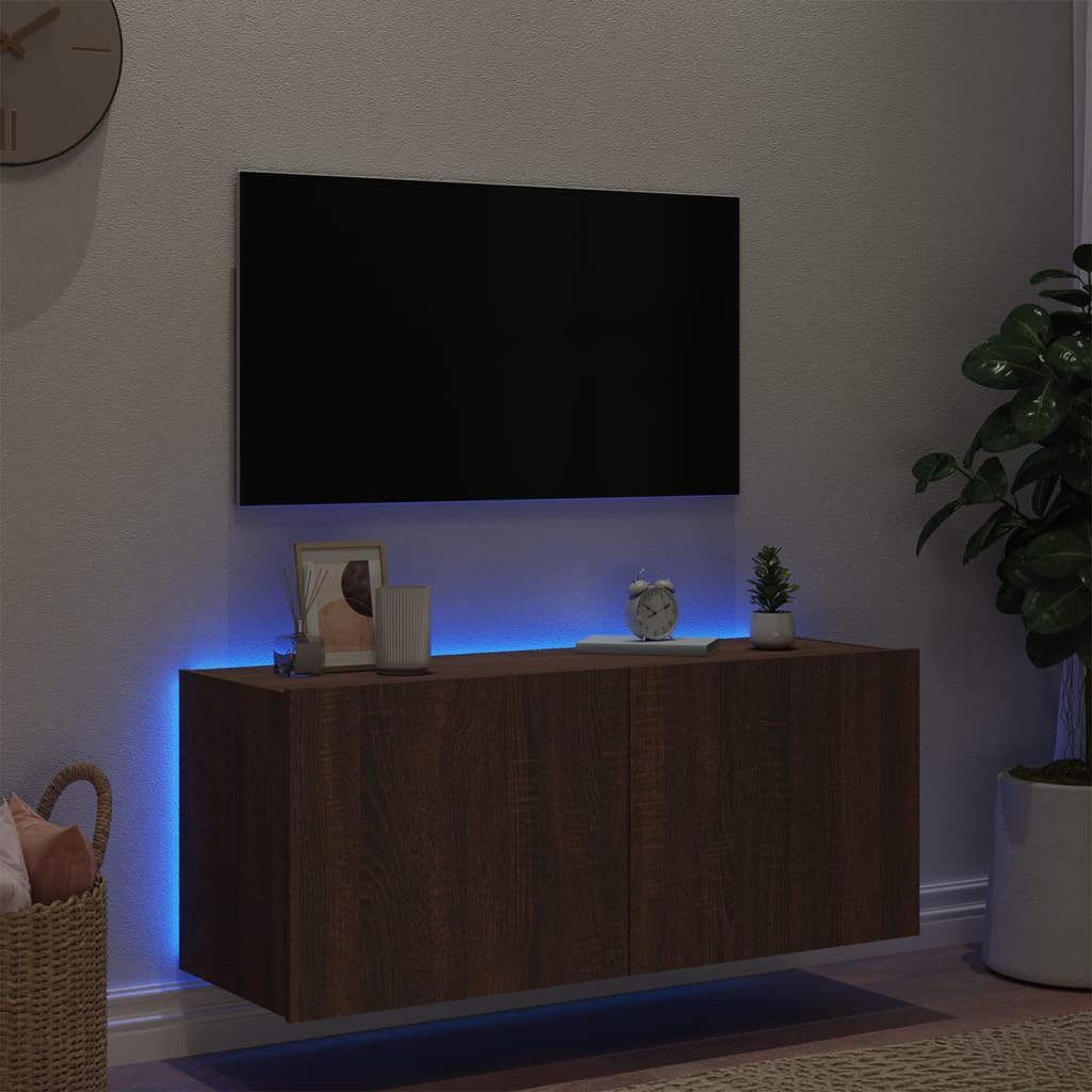 Mobile TV a Parete con Luci LED Rovere Marrone 100x35x41 cm