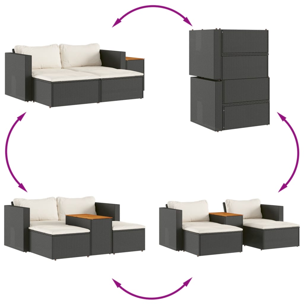 Set Divani da Giardino 5 pz con Cuscini Nero Polyrattan Acacia