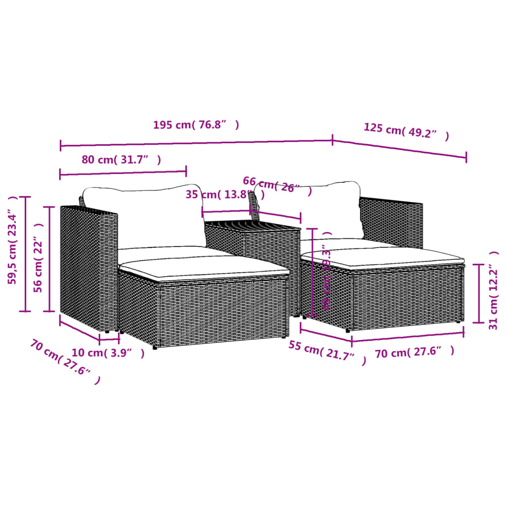 Set Divani da Giardino 5 pz con Cuscini Nero Polyrattan Acacia