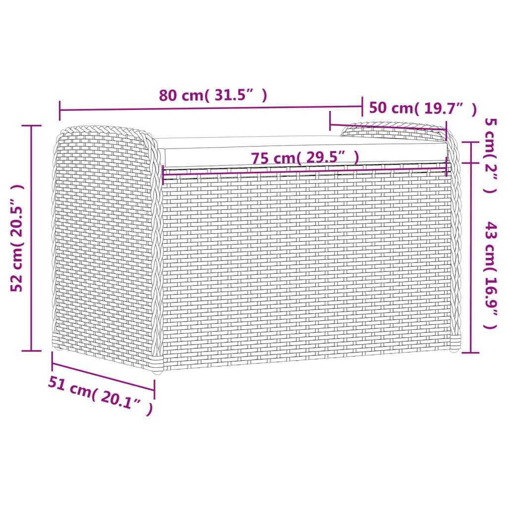 Cassapanca con Cuscino Nera 80x51x52 cm in Polyrattan