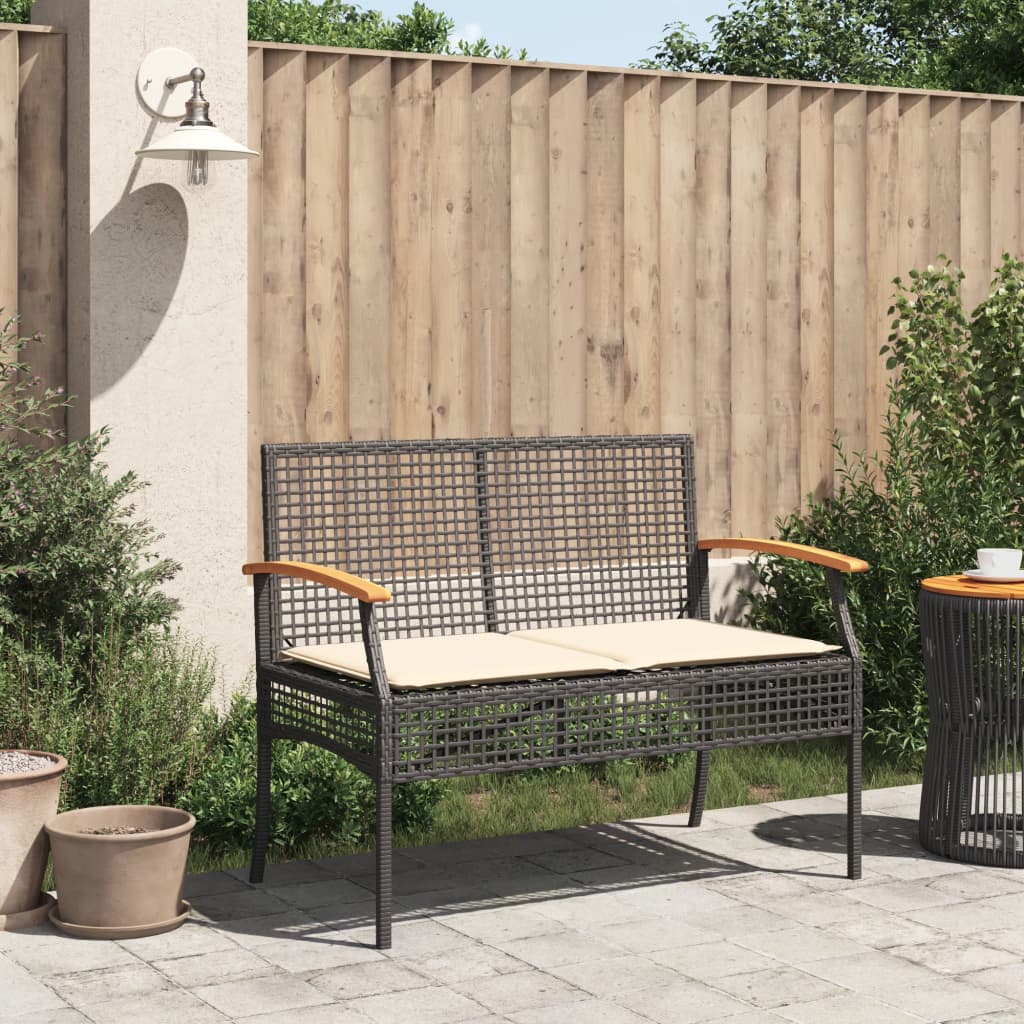 Panca da Giardino con Cuscino Nera in Polyrattan e Legno Acacia