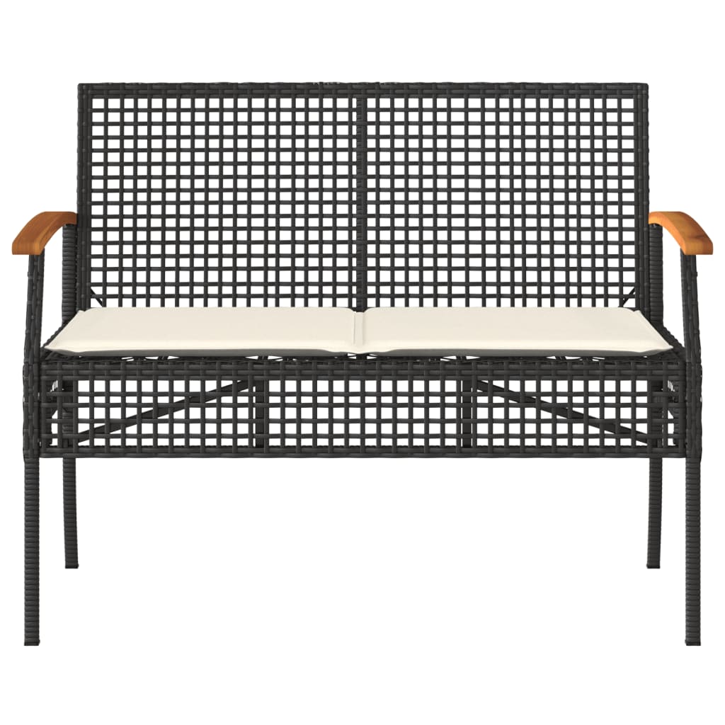 Panca da Giardino con Cuscino Nera in Polyrattan e Legno Acacia