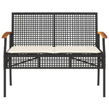 Panca da Giardino con Cuscino Nera in Polyrattan e Legno Acacia