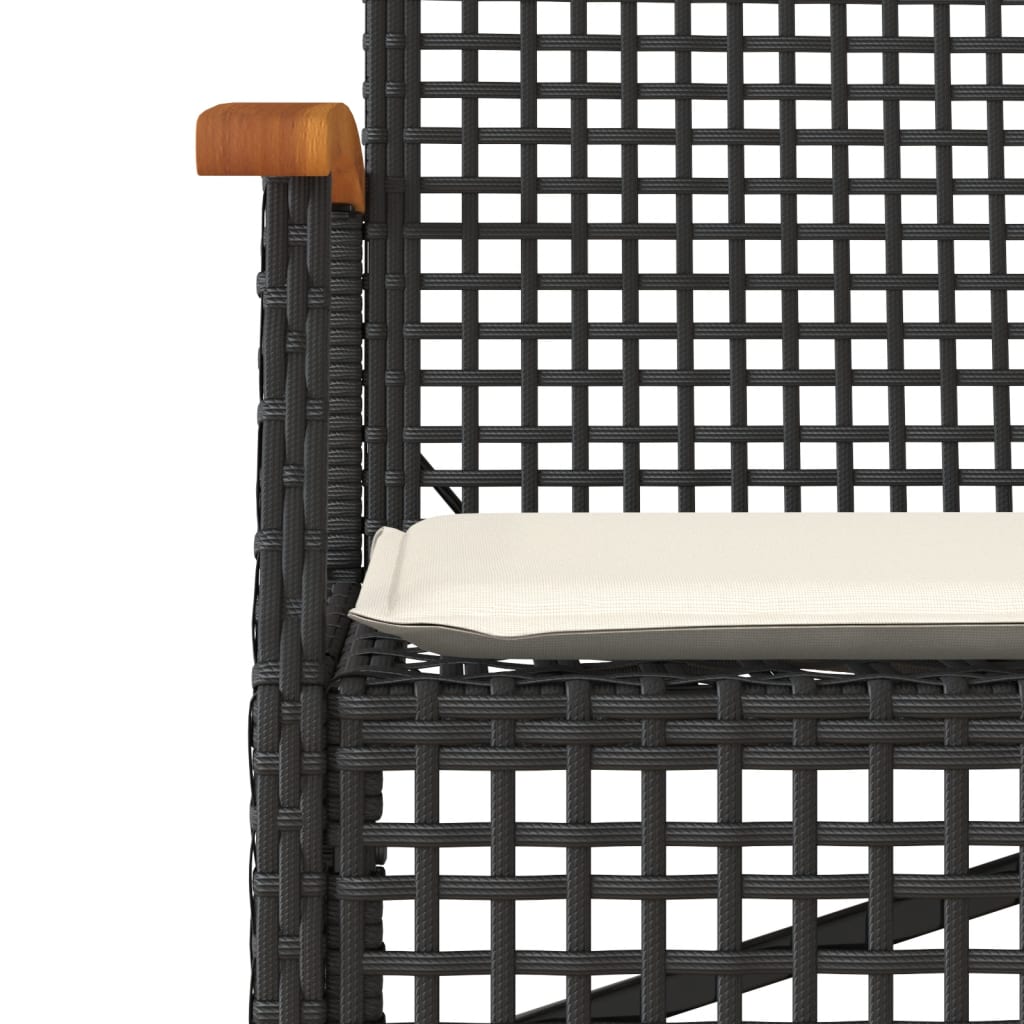 Panca da Giardino con Cuscino Nera in Polyrattan e Legno Acacia