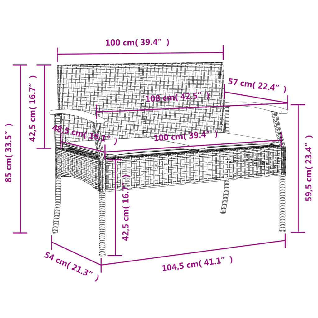 Panca da Giardino con Cuscino Nera in Polyrattan e Legno Acacia