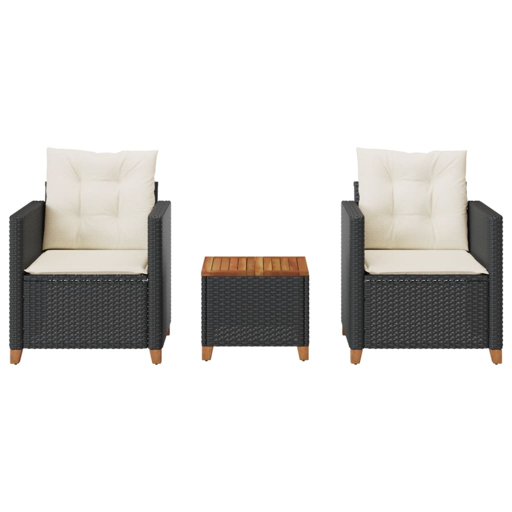 Set da Bistrò 3 pz con Cuscini Nero Polyrattan e Legno Acacia