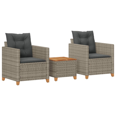 Set da Bistrò 3 pz con Cuscini Grigio Polyrattan e Legno Acacia