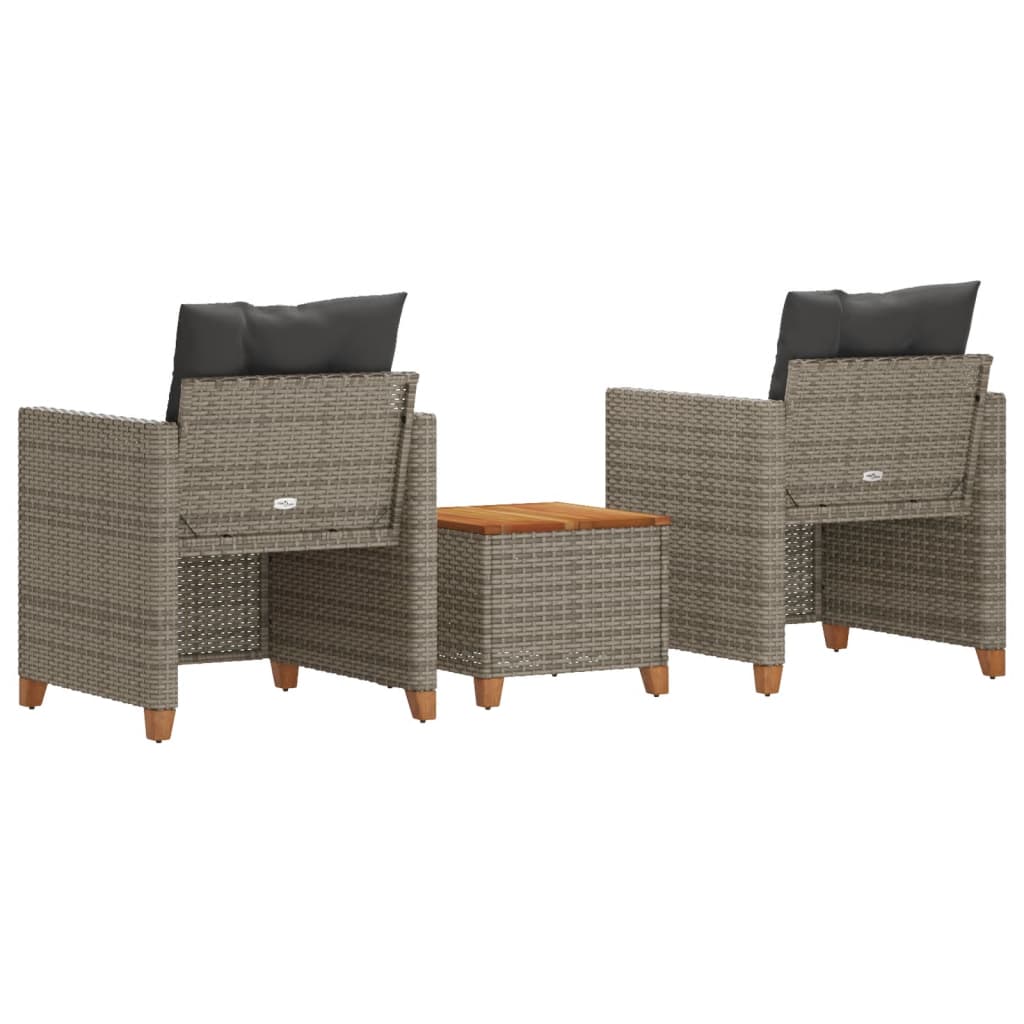 Set da Bistrò 3 pz con Cuscini Grigio Polyrattan e Legno Acacia