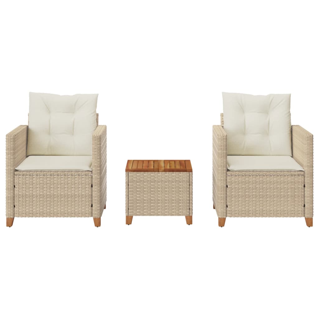 Set da Bistrò 3 pz con Cuscini Beige Polyrattan e Legno Acacia