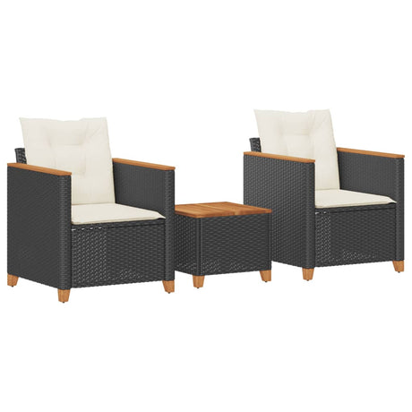 Set da Bistrò 3 pz con Cuscini Nero Polyrattan e Legno Acacia