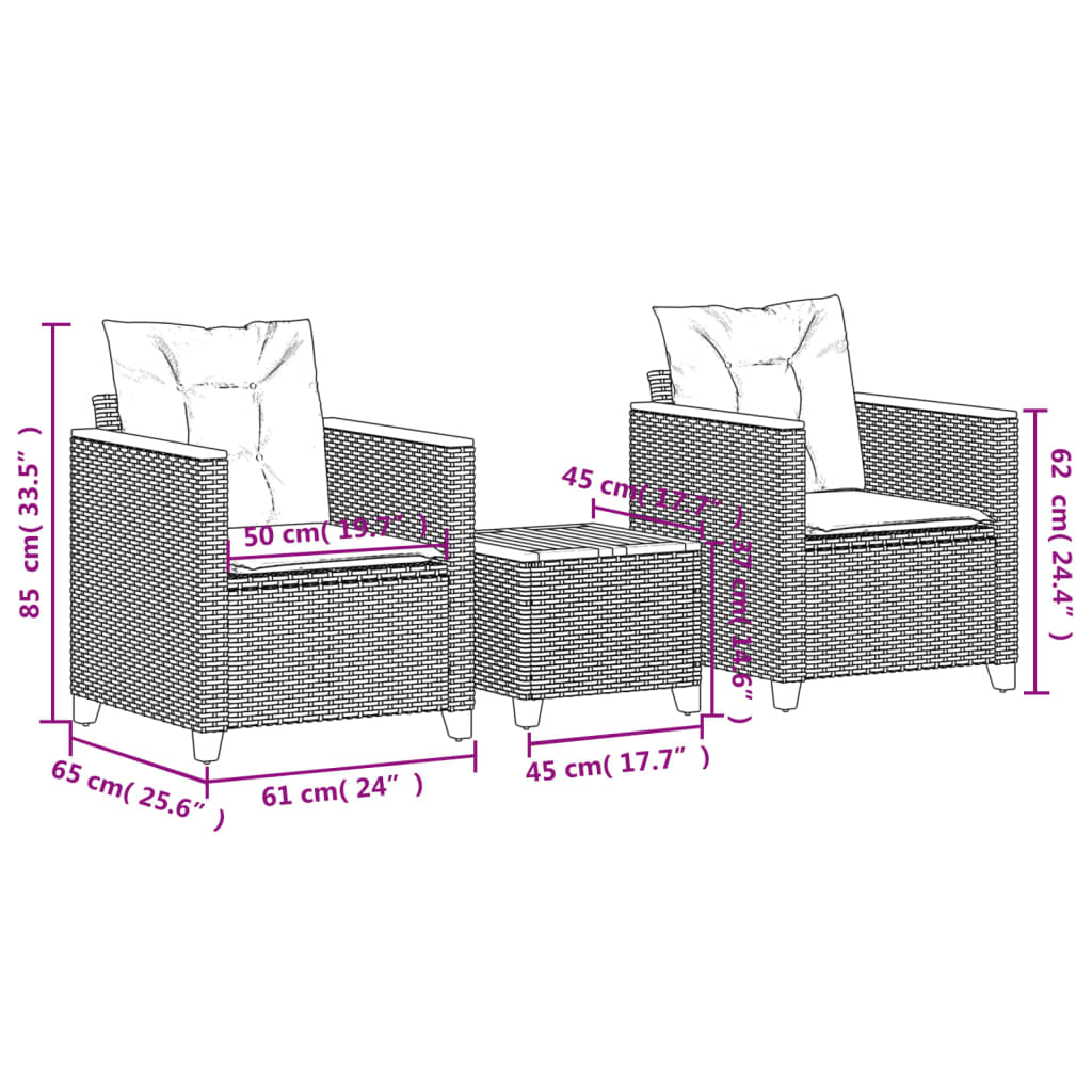 Set da Bistrò 3 pz con Cuscini Grigio Polyrattan e Legno Acacia