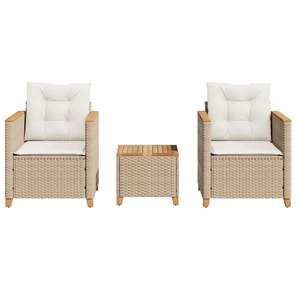 Set da Bistrò 3 pz con Cuscini Beige Polyrattan e Legno Acacia