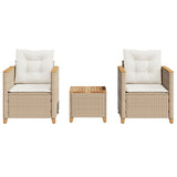 Set da Bistrò 3 pz con Cuscini Beige Polyrattan e Legno Acacia