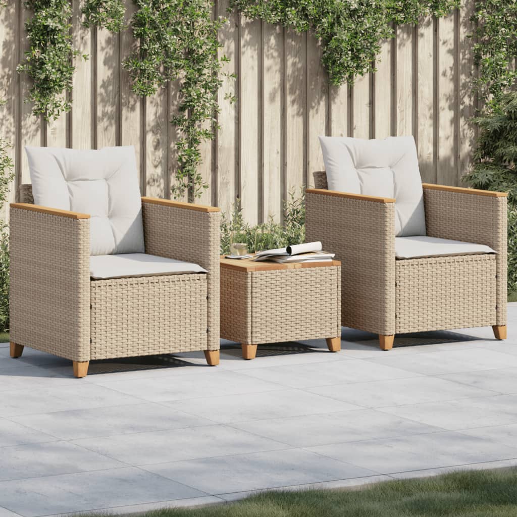 Set da Bistrò 3 pz con Cuscini Beige Polyrattan e Legno Acacia