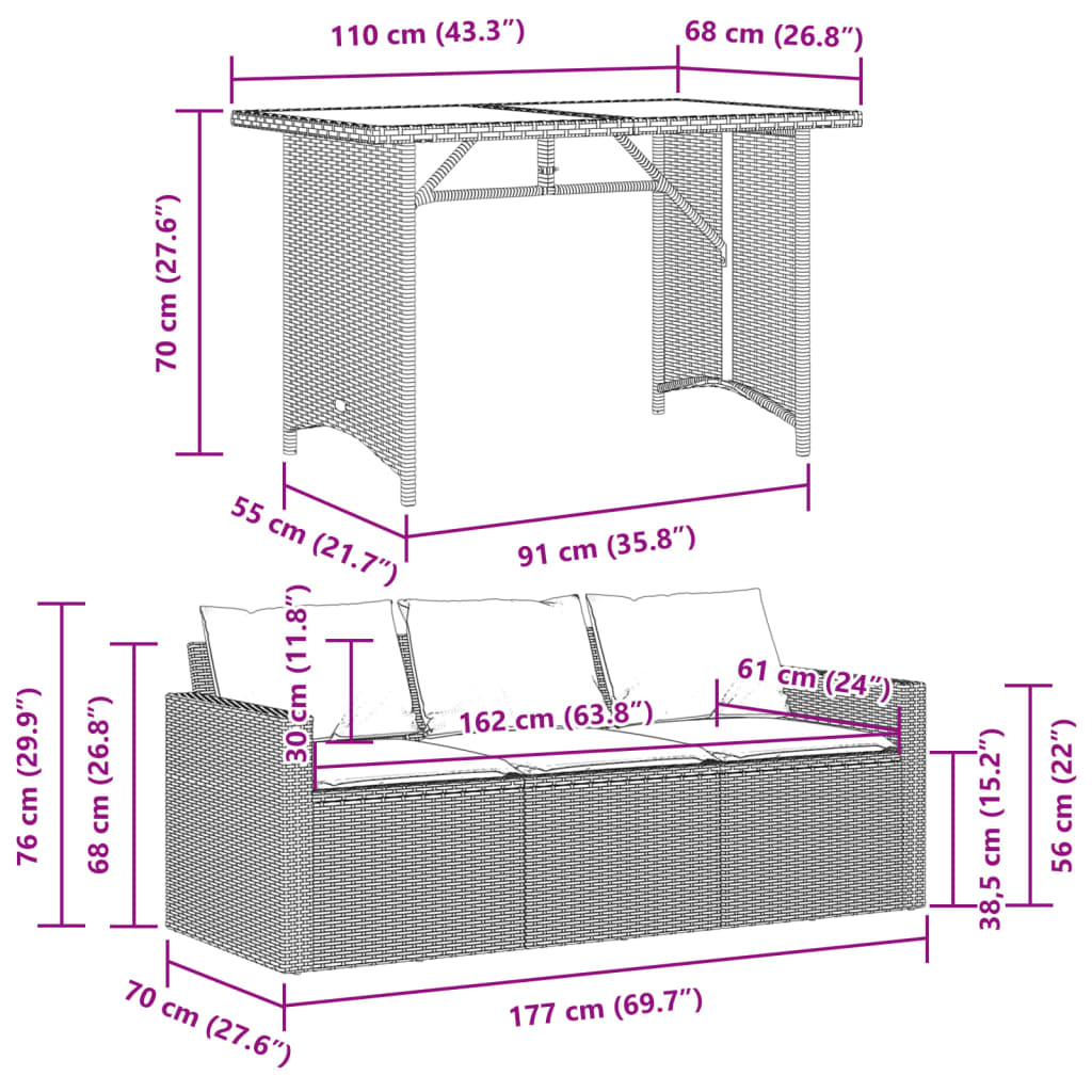 Set da Pranzo da Giardino 2pz con Cuscini in Polyrattan Marrone