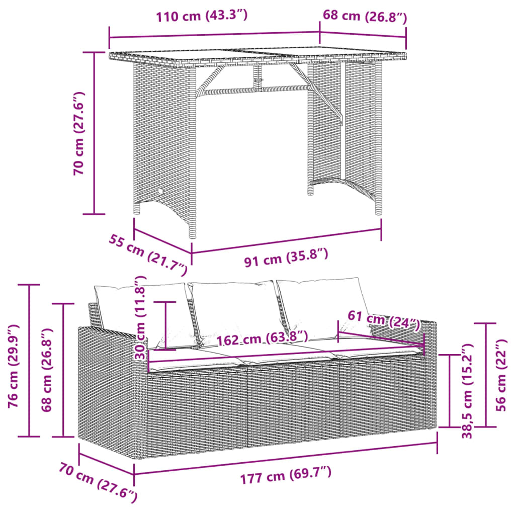 Set da Pranzo da Giardino 2 pz con Cuscini Nero in Polyrattan