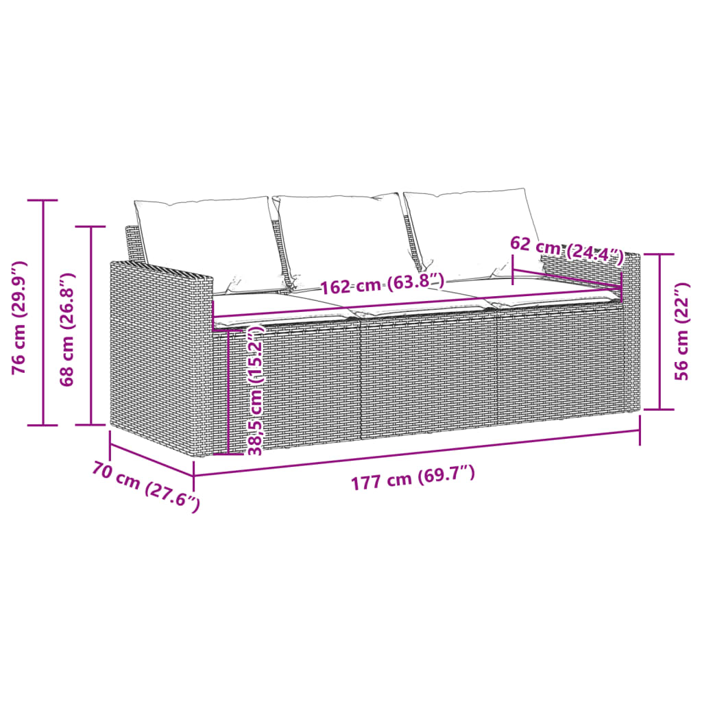 Divano da Giardino con Cuscini 3 Posti Grigio in Polyrattan