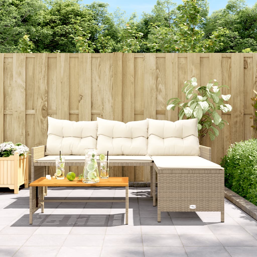 Divano da Giardino con Tavolo e Cuscini a L Beige in Polyrattan