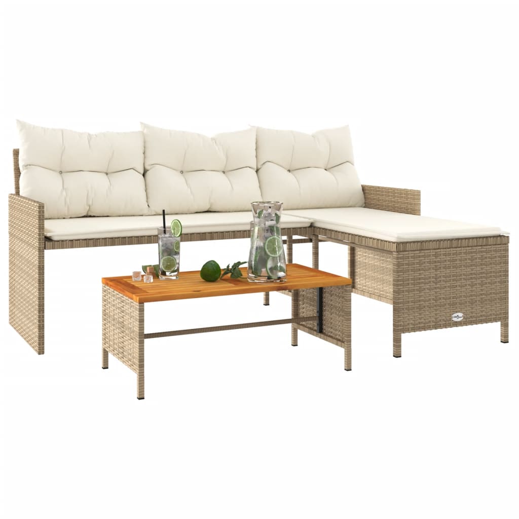 Divano da Giardino con Tavolo e Cuscini a L Beige in Polyrattan