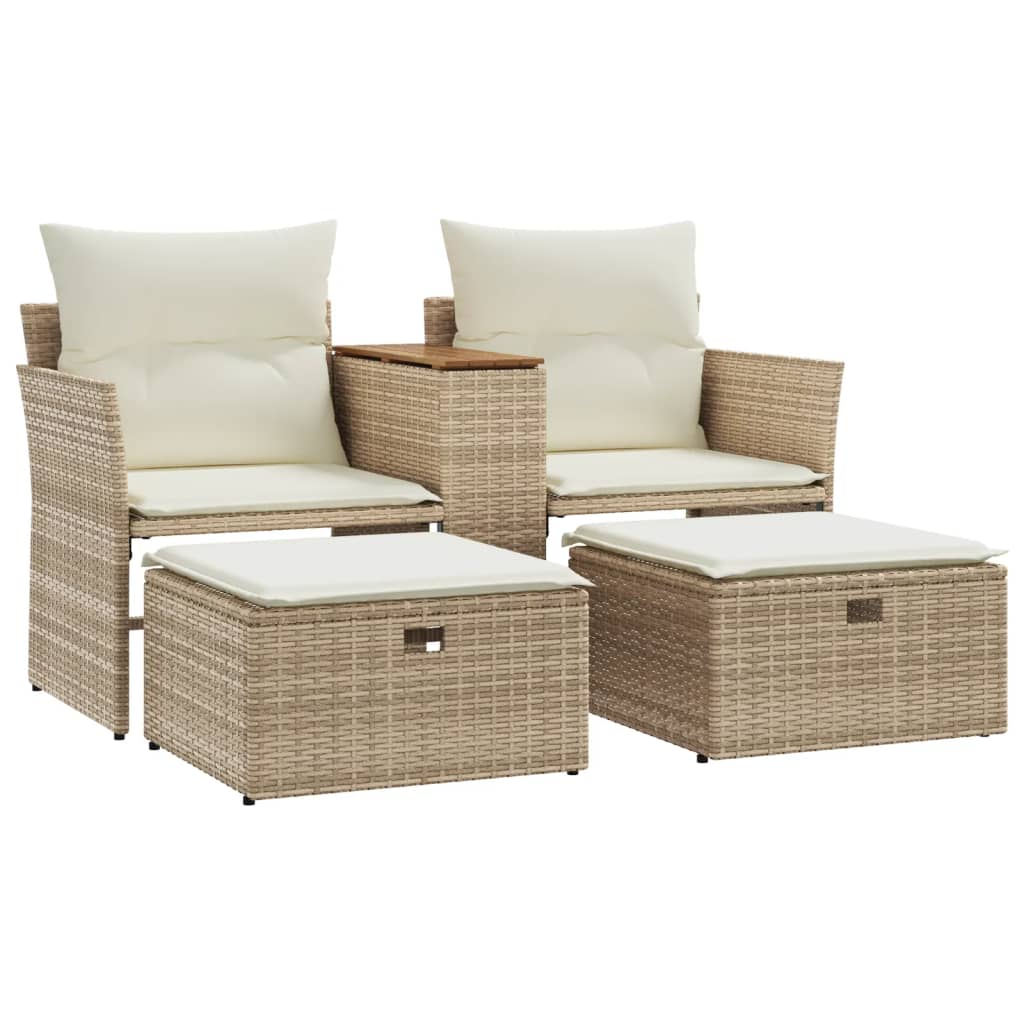 Divano da Giardino 2 Posti con Sgabelli Beige in Polyrattan