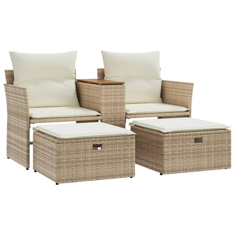 Divano da Giardino 2 Posti con Sgabelli Beige in Polyrattan