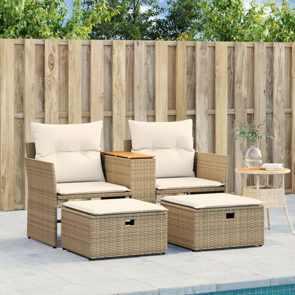 Divano da Giardino 2 Posti con Sgabelli Beige in Polyrattan