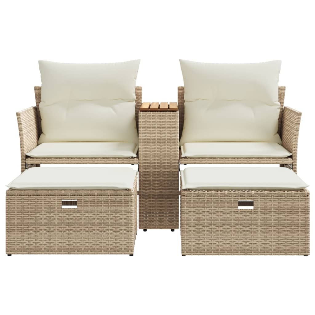 Divano da Giardino 2 Posti con Sgabelli Beige in Polyrattan