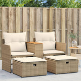 Divano da Giardino 2 Posti con Sgabelli Beige in Polyrattan