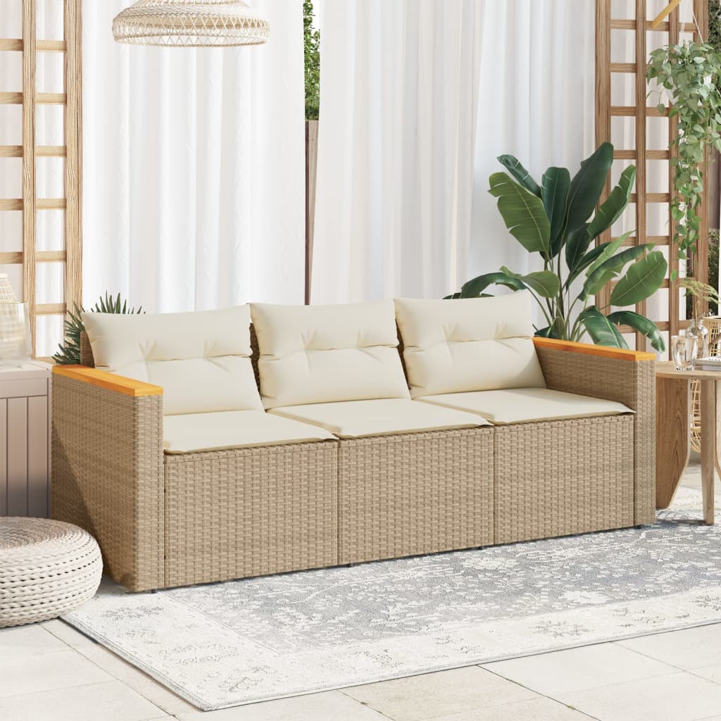 Divano da Giardino con Cuscini a 3 Posti Beige in Polyrattan