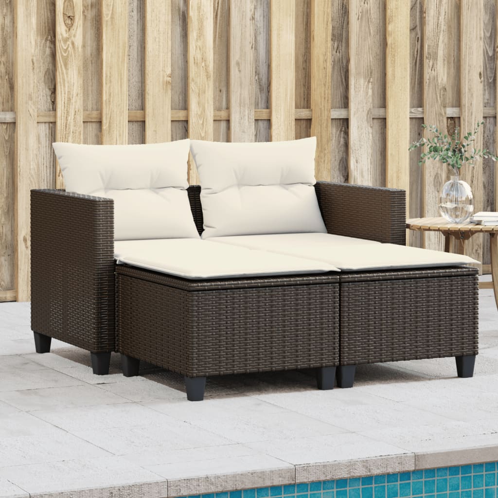 Divano da Giardino 2 Posti con Sgabelli Marrone in Polyrattan