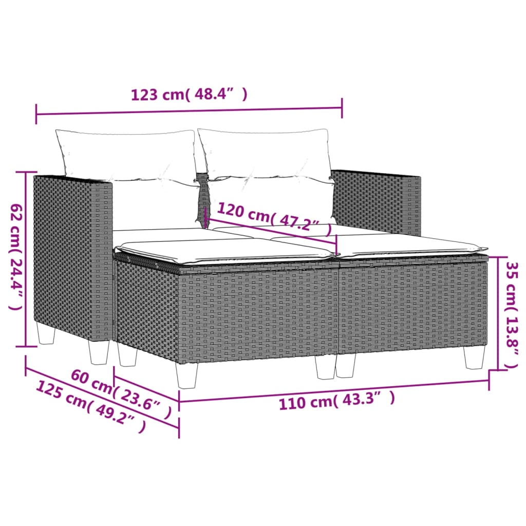 Divano da Giardino 2 Posti con Sgabelli Grigio in Polyrattan