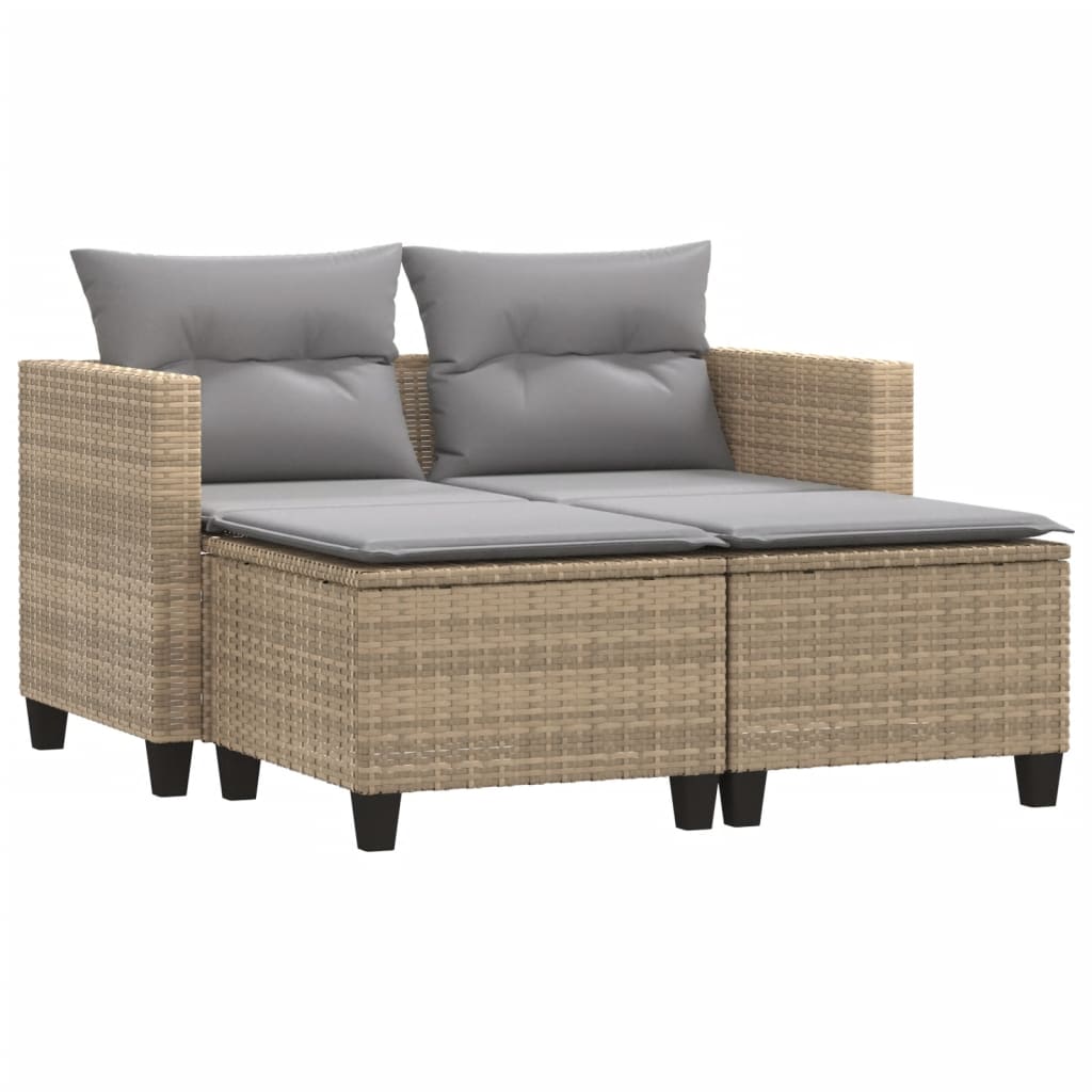 Divano da Giardino 2 Posti con Sgabelli Beige in Polyrattan