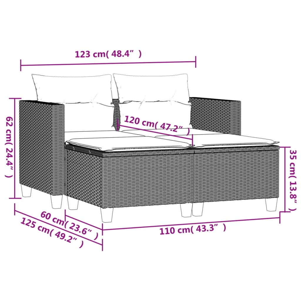 Divano da Giardino 2Posti con Sgabelli Grigio Chiaro Polyrattan