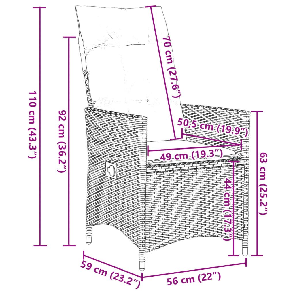 Sedie Reclinabili da Giardino 2 pz con Cuscini Nero Polyrattan