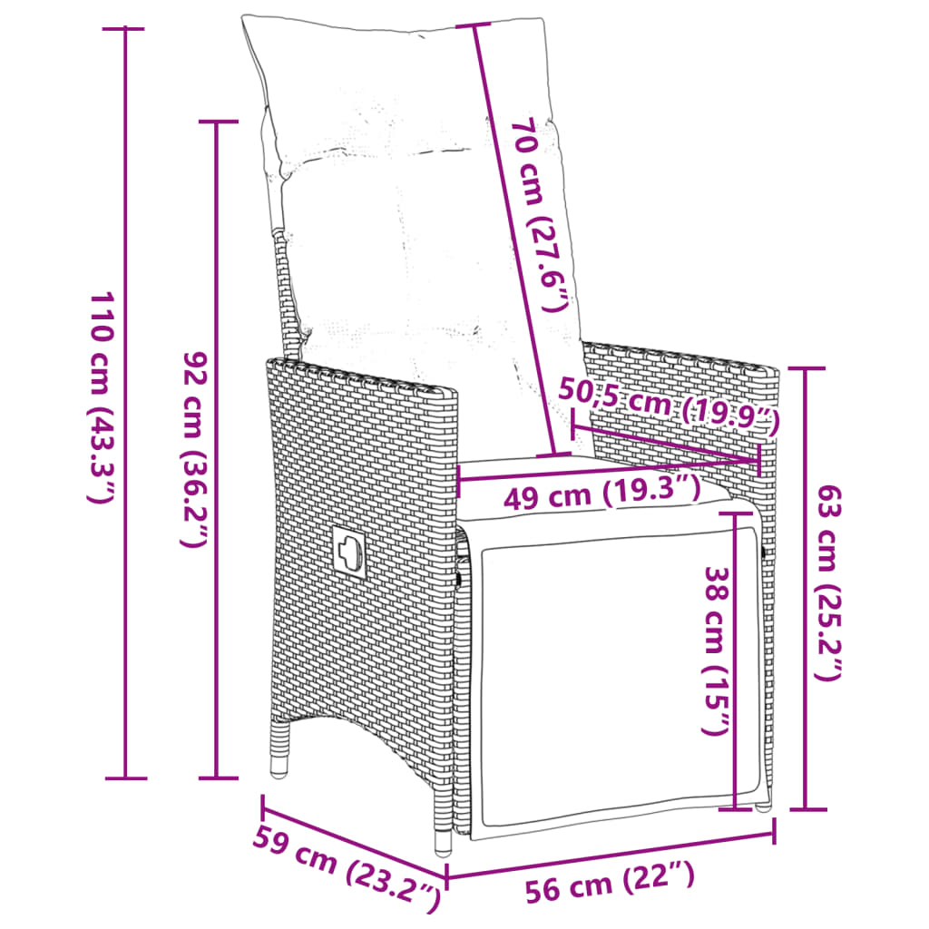 Sedie Reclinabili da Giardino 2 pz con Cuscini Nero Polyrattan