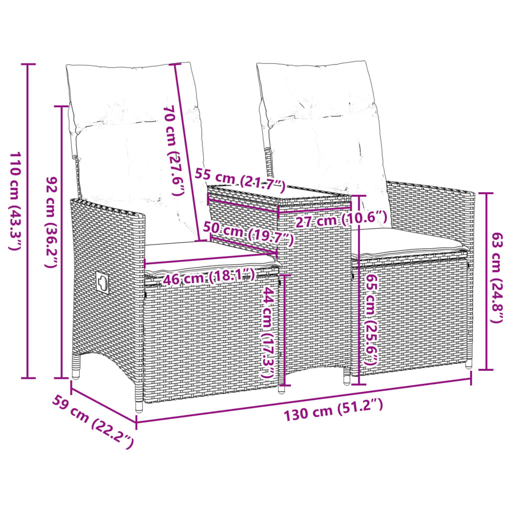 Divano Giardino Reclinabile 2Posti con Tavolino Nero Polyrattan